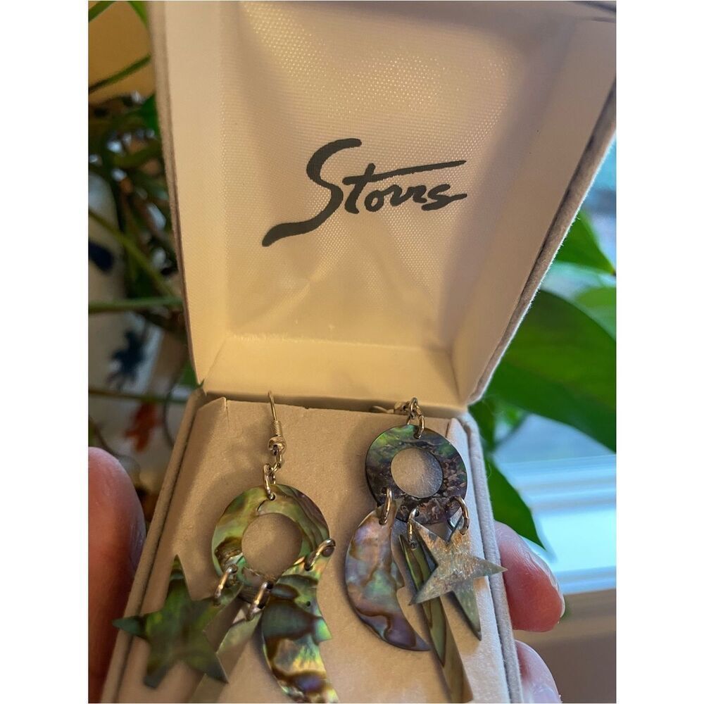 Abalone Glacier Pearls Shell Celestial Moon & Star Dangle Earrings - Picture 3 of 13